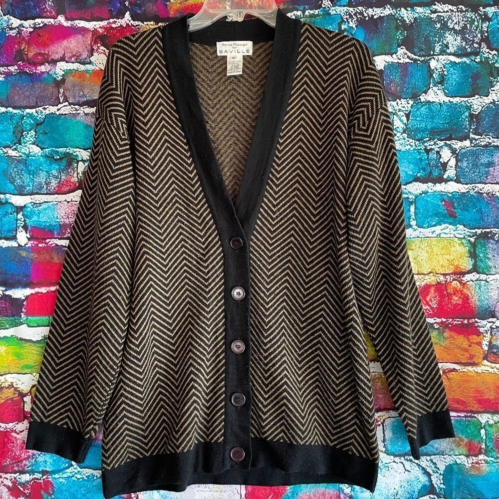 Vintage Rena Rowan for Saville Wool Blend Chevron Print Cardigan Sweater Medium